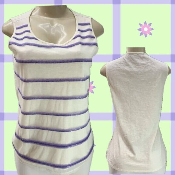 Coldwater Creek S Eggshell Mesh Purple Striped Sequin Scoop Neckline Tank Top - Picture 1 of 5